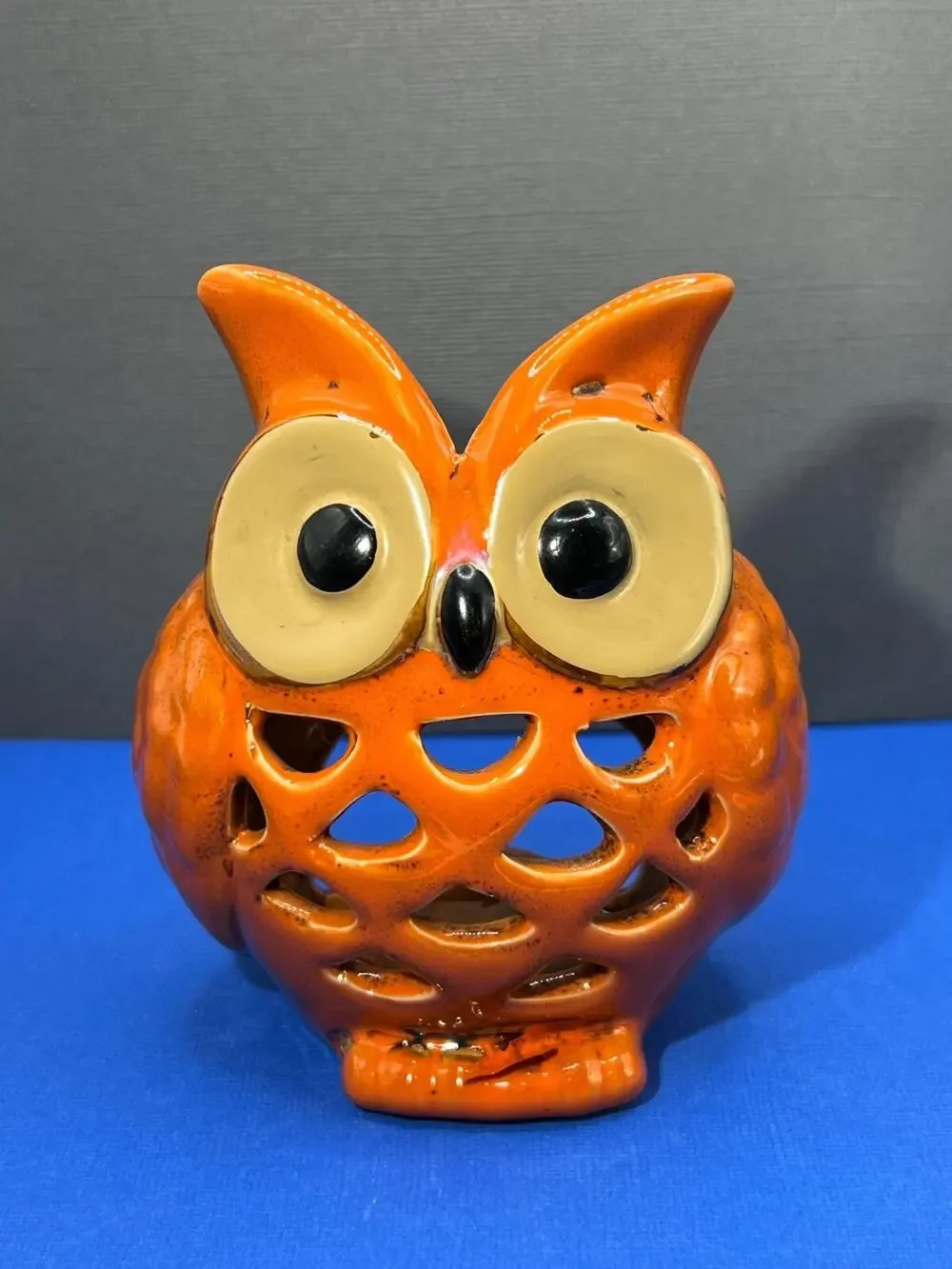 Owl Candle Votive Holder Wide Eyed Ceramic Japan Brown & Orange (Candle Not Inc)